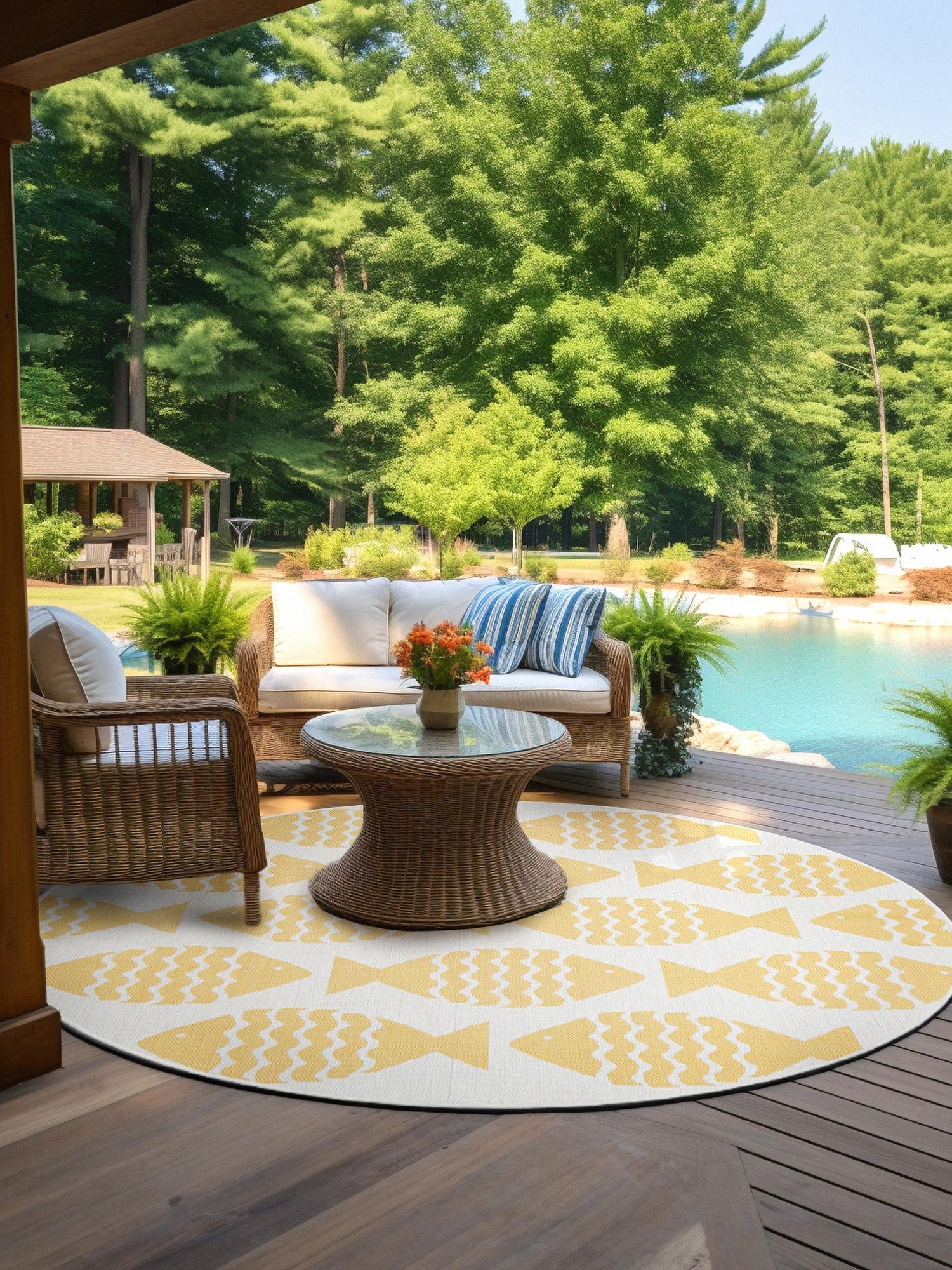 Yellow 7' 10 x 7' 10 Outdoor Coastal Round Area Rug Weather Resistant for Patio, Deck, Terrace, Balcony, Porch 100% Polypropylene Coastal Decor Carpet for Sale at Rug Engine