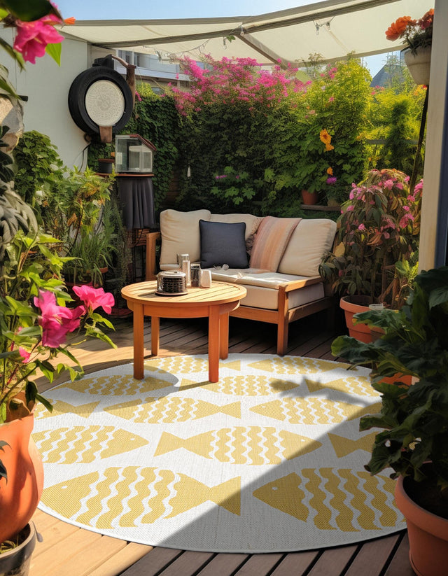 Yellow 7' 10 x 7' 10 Outdoor Coastal Round Area Rug Weather Resistant for Patio, Deck, Terrace, Balcony, Porch 100% Polypropylene Coastal Decor Carpet for Sale at Rug Engine
