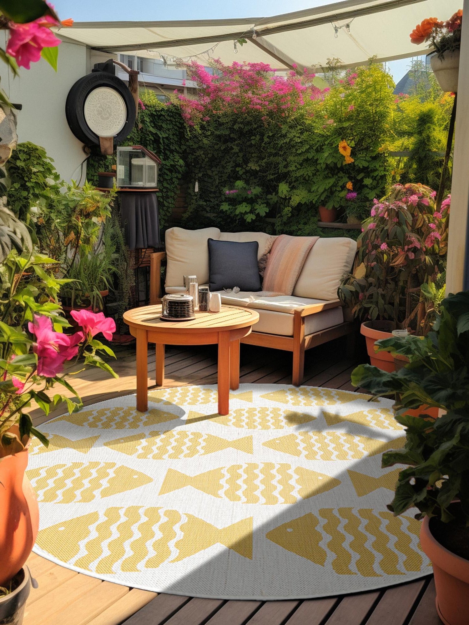 Yellow 3' 1 x 3' 1 Outdoor Coastal Round Area Rug Weather Resistant for Patio, Deck, Terrace, Balcony, Porch 100% Polypropylene Coastal Decor Carpet for Sale at Rug Engine