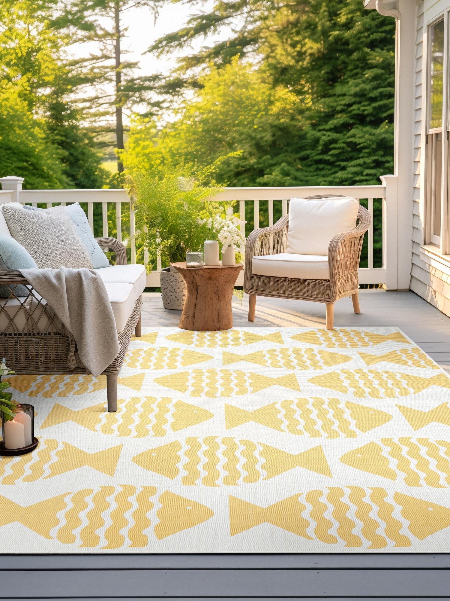 Yellow 7' 10 x 7' 10 Outdoor Coastal Square Area Rug Weather Resistant for Patio, Deck, Terrace, Balcony, Porch 100% Polypropylene Coastal Decor Carpet for Sale at Rug Engine