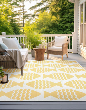Yellow 7' 10 x 7' 10 Outdoor Coastal Square Area Rug Weather Resistant for Patio, Deck, Terrace, Balcony, Porch 100% Polypropylene Coastal Decor Carpet for Sale at Rug Engine