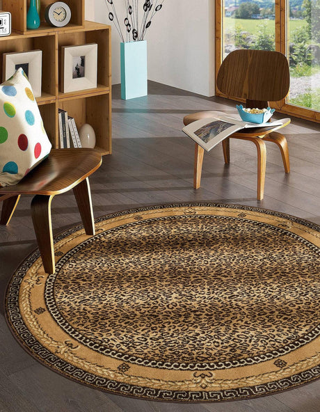 Brown 4' 1 x 4' 1 Wildlife Round Area Rug Animal Print Safari Jungle Inspired Carpet for Unique Modern Interior Design for Sale at Rug Engine