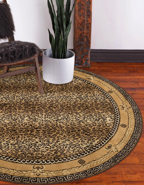 Brown 10' x 10' Wildlife Round Area Rug Animal Print Safari Jungle Inspired Carpet for Unique Modern Interior Design for Sale at Rug Engine