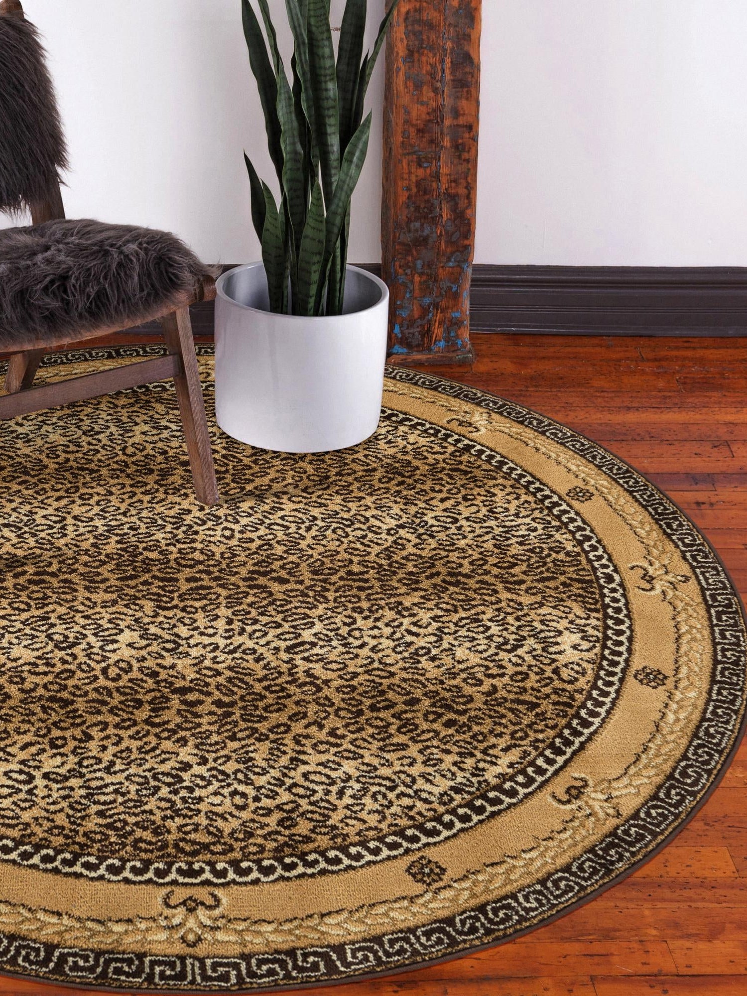 Brown 5' 3 x 5' 3 Wildlife Round Area Rug Animal Print Safari Jungle Inspired Carpet for Unique Modern Interior Design for Sale at Rug Engine