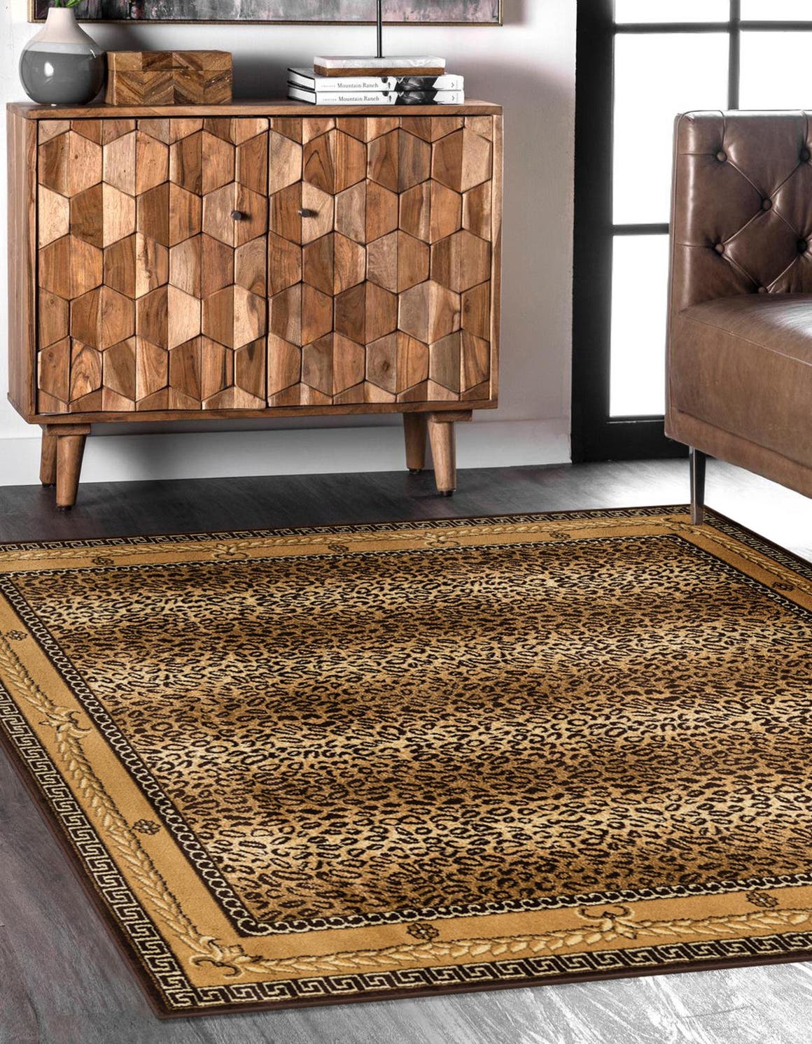 Brown 7' 10 x 7' 10 Wildlife Square Area Rug Animal Print Safari Jungle Inspired Carpet for Unique Modern Interior Design for Sale at Rug Engine