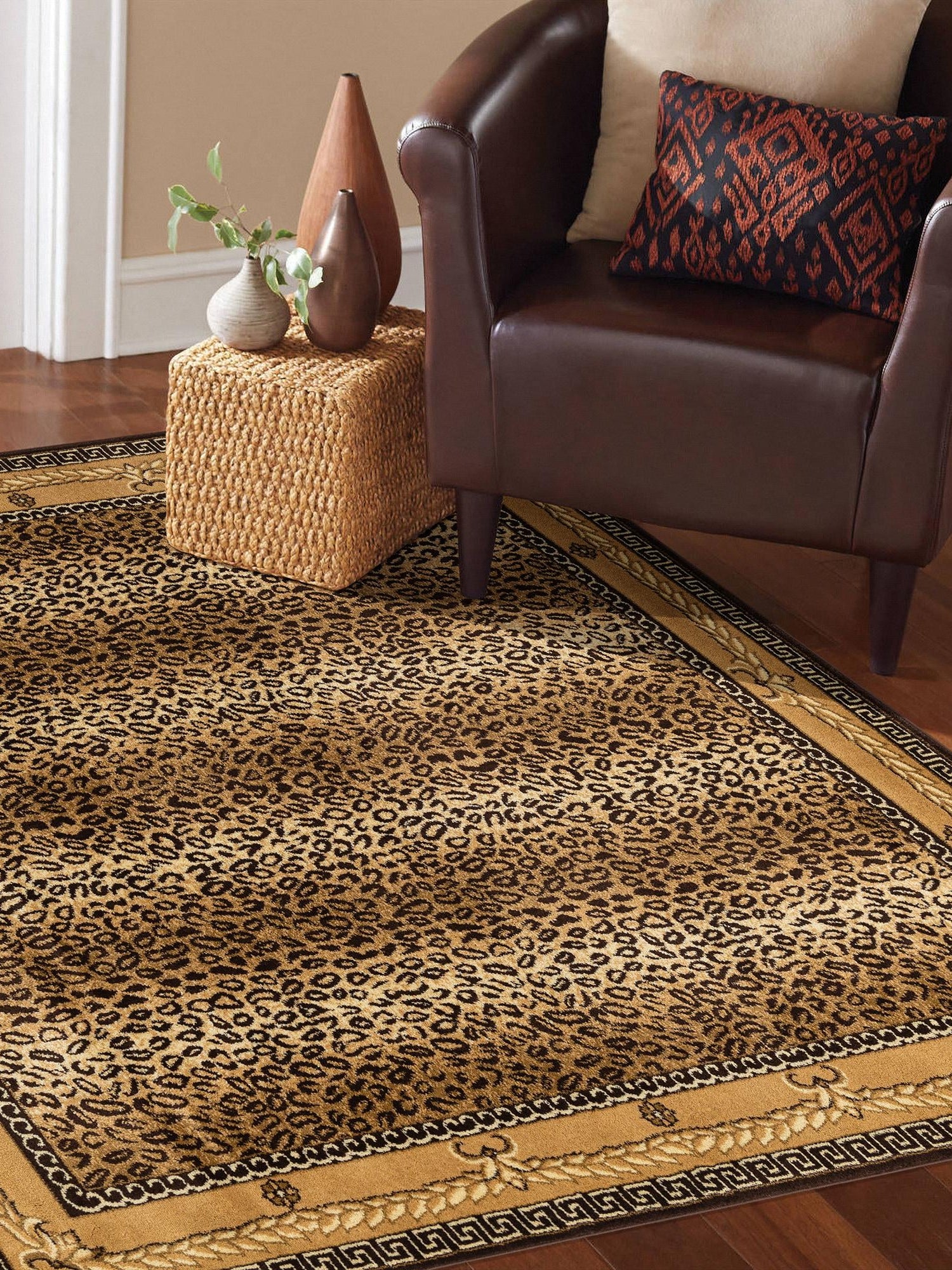 Brown 7' 10 x 7' 10 Wildlife Square Area Rug Animal Print Safari Jungle Inspired Carpet for Unique Modern Interior Design for Sale at Rug Engine