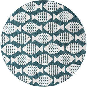 Turquoise 10' x 10' Outdoor Coastal Round Area Rug Weather Resistant for Patio, Deck, Terrace, Balcony, Porch 100% Polypropylene Coastal Decor Carpet for Sale at Rug Engine