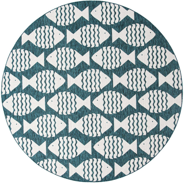 Turquoise 10' x 10' Outdoor Coastal Round Area Rug Weather Resistant for Patio, Deck, Terrace, Balcony, Porch 100% Polypropylene Coastal Decor Carpet for Sale at Rug Engine