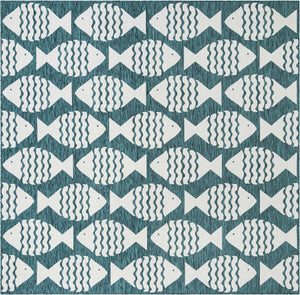 Turquoise 10' x 10' Outdoor Coastal Square Area Rug Weather Resistant for Patio, Deck, Terrace, Balcony, Porch 100% Polypropylene Coastal Decor Carpet for Sale at Rug Engine
