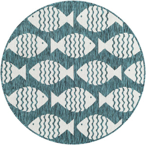 Turquoise 4' 1 x 4' 1 Outdoor Coastal Round Area Rug Weather Resistant for Patio, Deck, Terrace, Balcony, Porch 100% Polypropylene Coastal Decor Carpet for Sale at Rug Engine