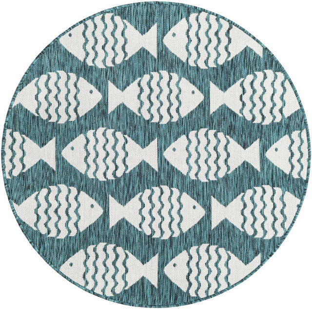 Turquoise 4' 1 x 4' 1 Outdoor Coastal Round Area Rug Weather Resistant for Patio, Deck, Terrace, Balcony, Porch 100% Polypropylene Coastal Decor Carpet for Sale at Rug Engine