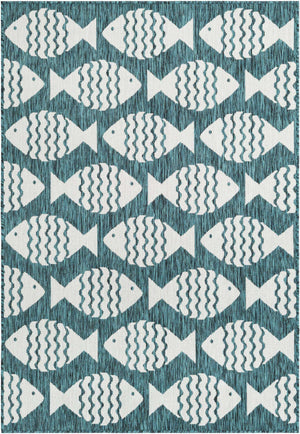 Turquoise 4' 1 x 6' 1 Outdoor Coastal Rectangle Area Rug Weather Resistant for Patio, Deck, Terrace, Balcony, Porch 100% Polypropylene Coastal Decor Carpet for Sale at Rug Engine