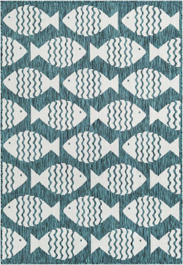 Turquoise 4' 1 x 6' 1 Outdoor Coastal Rectangle Area Rug Weather Resistant for Patio, Deck, Terrace, Balcony, Porch 100% Polypropylene Coastal Decor Carpet for Sale at Rug Engine