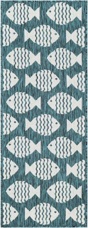 Turquoise 2' x 5' 3 Outdoor Coastal Runner Area Rug Weather Resistant for Patio, Deck, Terrace, Balcony, Porch 100% Polypropylene Coastal Decor Carpet for Sale at Rug Engine