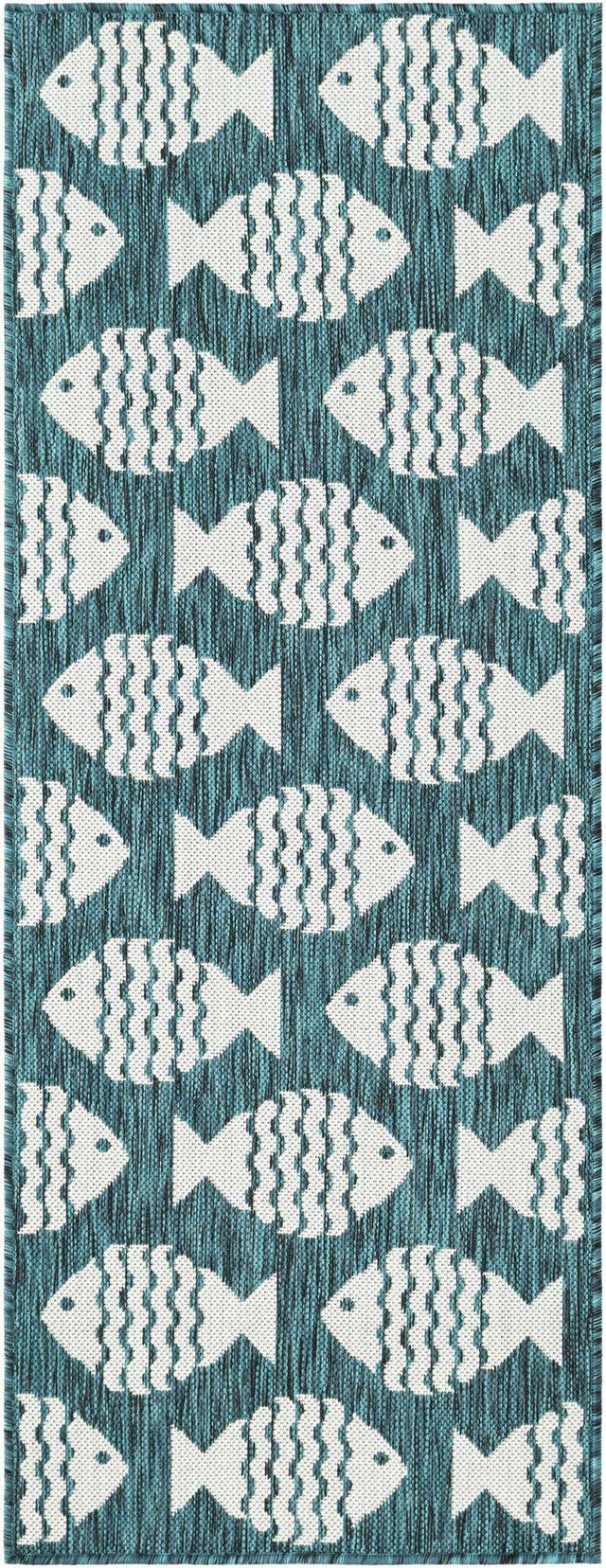 Turquoise 2' x 5' 3 Outdoor Coastal Runner Area Rug Weather Resistant for Patio, Deck, Terrace, Balcony, Porch 100% Polypropylene Coastal Decor Carpet for Sale at Rug Engine