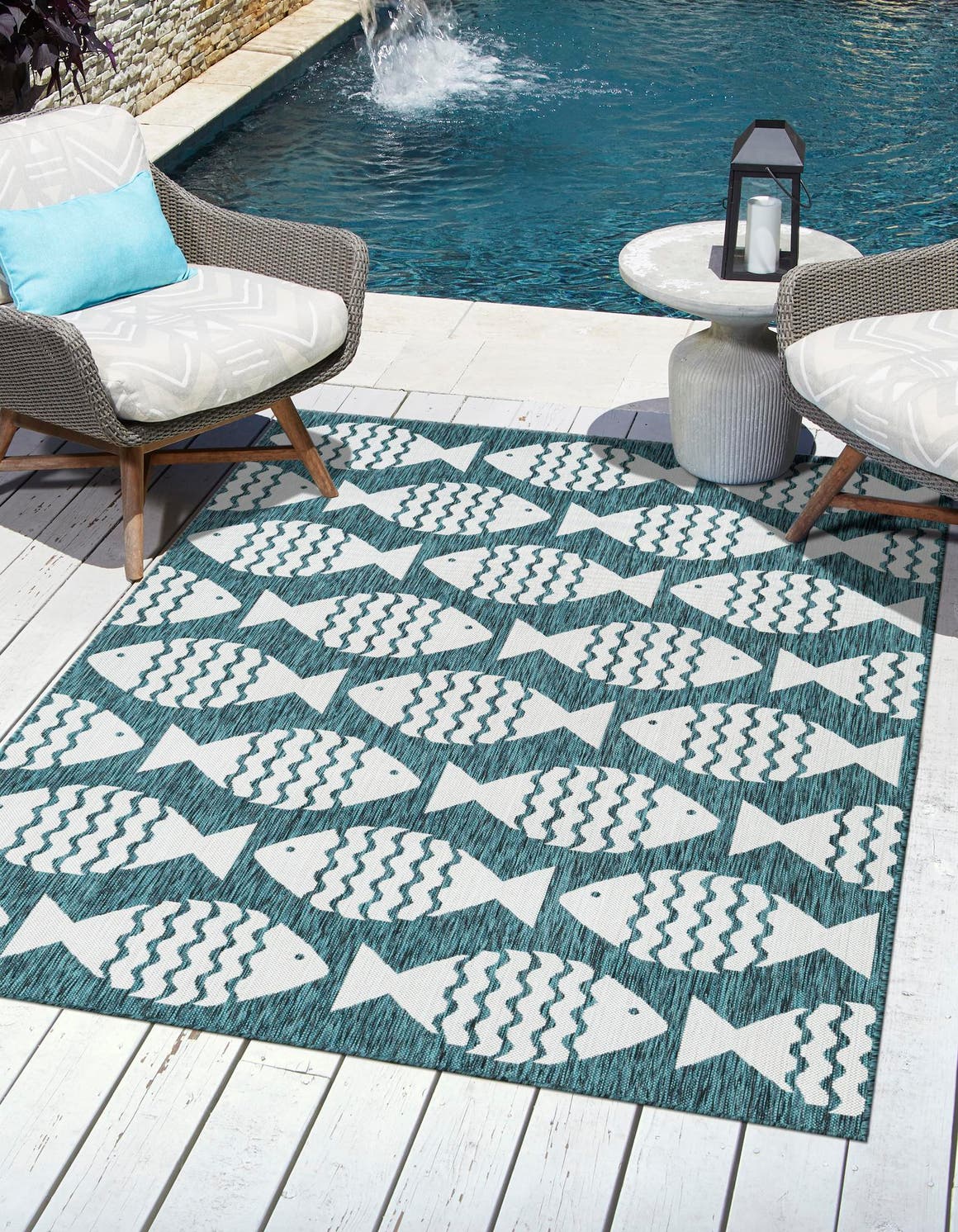 Turquoise 2' x 3' 1 Outdoor Coastal Rectangle Area Rug Weather Resistant for Patio, Deck, Terrace, Balcony, Porch 100% Polypropylene Coastal Decor Carpet for Sale at Rug Engine