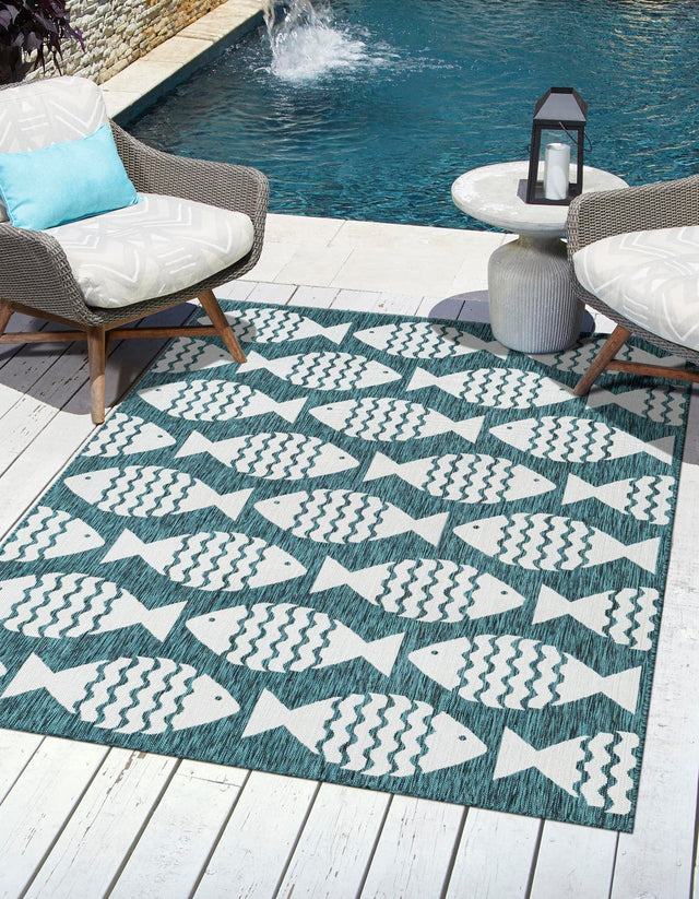 Turquoise 5' 3 x 8' Outdoor Coastal Rectangle Area Rug Weather Resistant for Patio, Deck, Terrace, Balcony, Porch 100% Polypropylene Coastal Decor Carpet for Sale at Rug Engine