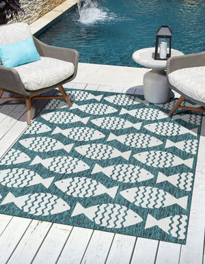 Turquoise 9' x 12' Outdoor Coastal Rectangle Area Rug Weather Resistant for Patio, Deck, Terrace, Balcony, Porch 100% Polypropylene Coastal Decor Carpet for Sale at Rug Engine