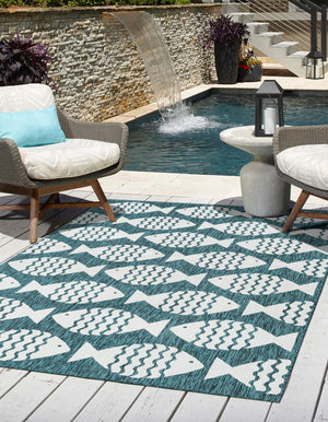 Turquoise 9' x 12' Outdoor Coastal Rectangle Area Rug Weather Resistant for Patio, Deck, Terrace, Balcony, Porch 100% Polypropylene Coastal Decor Carpet for Sale at Rug Engine