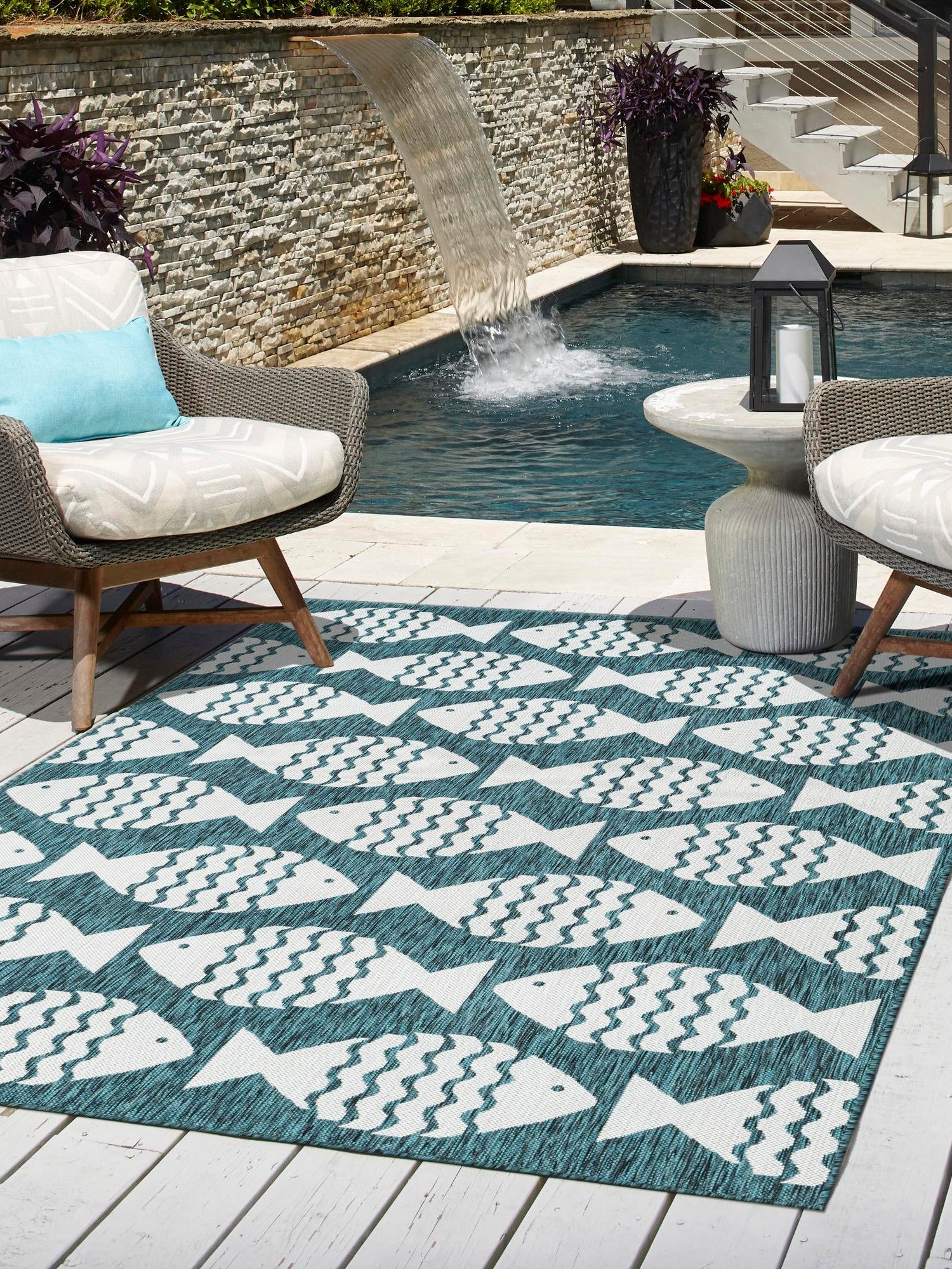 Turquoise 5' 3 x 8' Outdoor Coastal Rectangle Area Rug Weather Resistant for Patio, Deck, Terrace, Balcony, Porch 100% Polypropylene Coastal Decor Carpet for Sale at Rug Engine