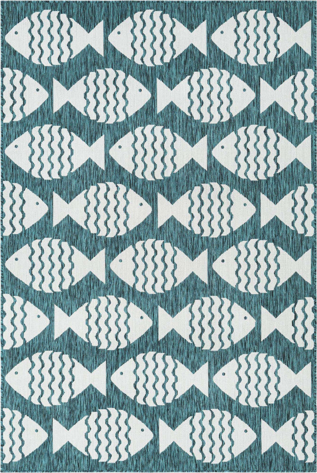 Turquoise 5' 3 x 8' Outdoor Coastal Rectangle Area Rug Weather Resistant for Patio, Deck, Terrace, Balcony, Porch 100% Polypropylene Coastal Decor Carpet for Sale at Rug Engine