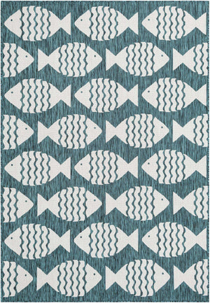 Turquoise 6' 1 x 9' Outdoor Coastal Rectangle Area Rug Weather Resistant for Patio, Deck, Terrace, Balcony, Porch 100% Polypropylene Coastal Decor Carpet for Sale at Rug Engine