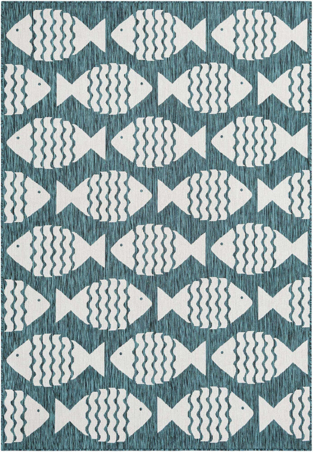 Turquoise 6' 1 x 9' Outdoor Coastal Rectangle Area Rug Weather Resistant for Patio, Deck, Terrace, Balcony, Porch 100% Polypropylene Coastal Decor Carpet for Sale at Rug Engine