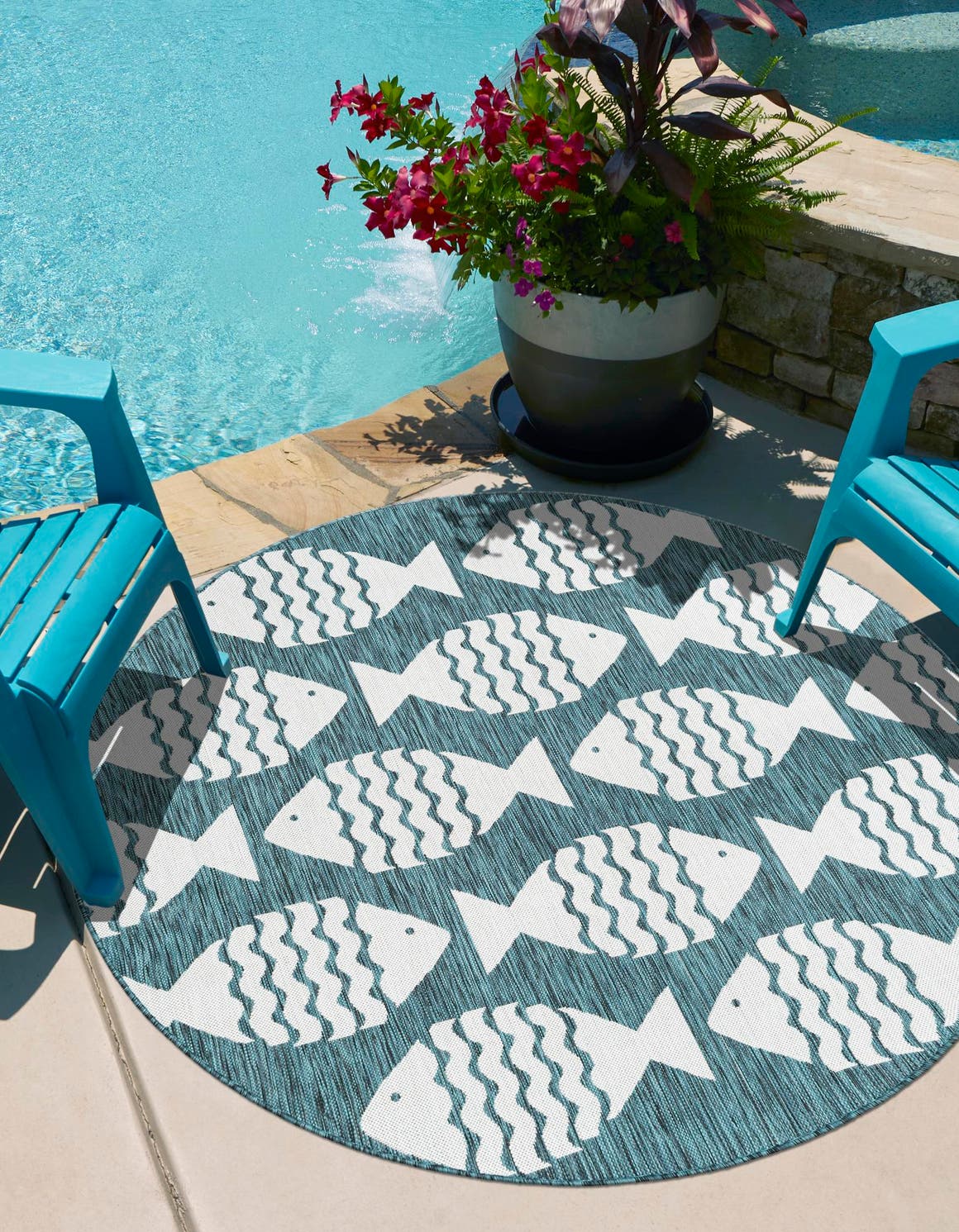 Turquoise 12' x 12' Outdoor Coastal Round Area Rug Weather Resistant for Patio, Deck, Terrace, Balcony, Porch 100% Polypropylene Coastal Decor Carpet for Sale at Rug Engine