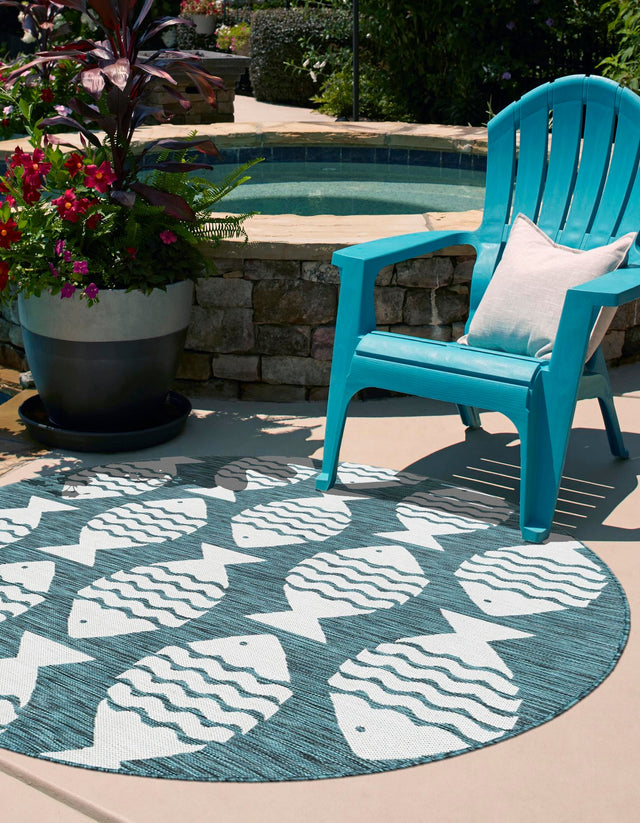 Turquoise 3' 1 x 3' 1 Outdoor Coastal Round Area Rug Weather Resistant for Patio, Deck, Terrace, Balcony, Porch 100% Polypropylene Coastal Decor Carpet for Sale at Rug Engine