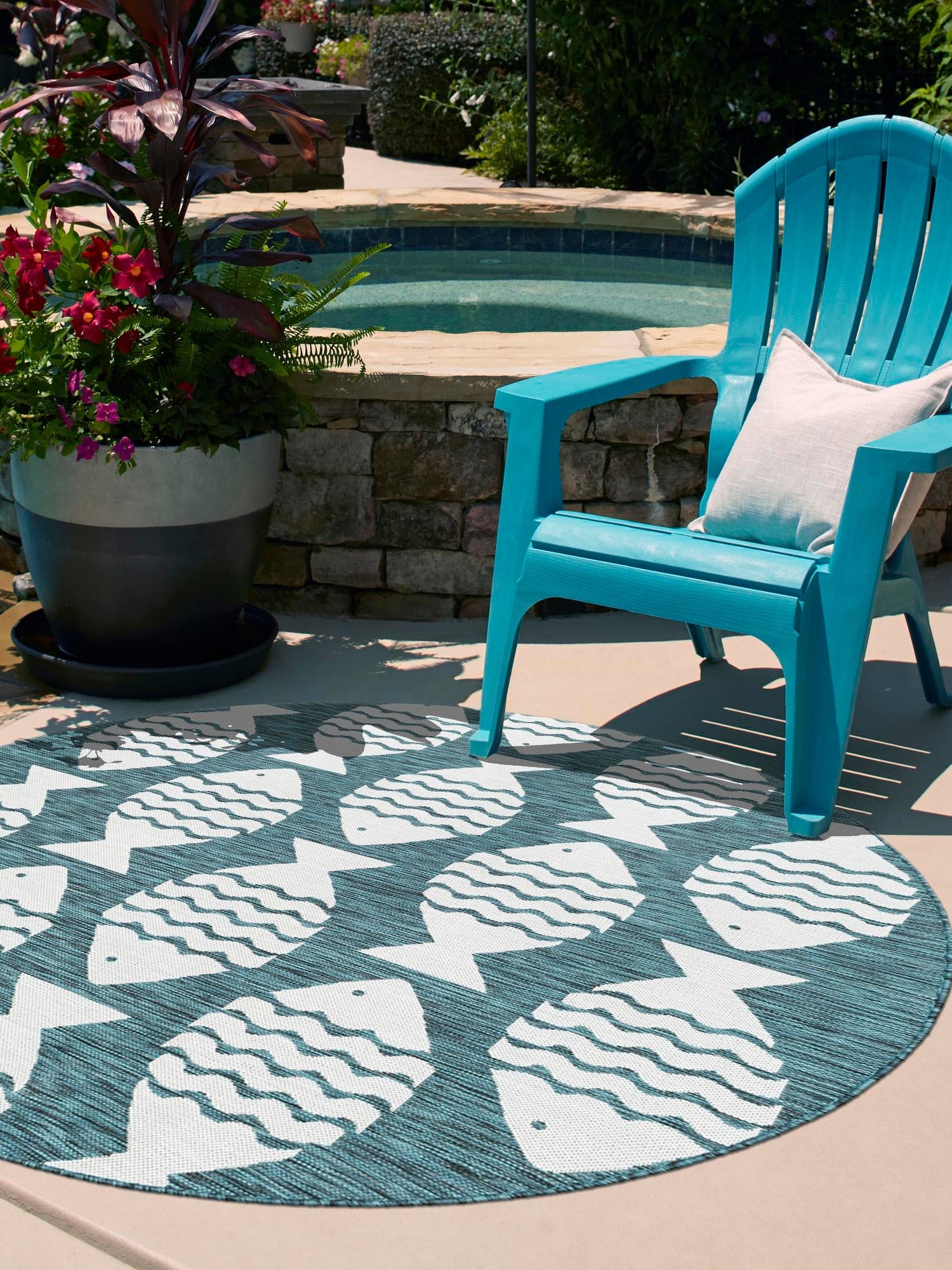 Turquoise 7' 10 x 7' 10 Outdoor Coastal Round Area Rug Weather Resistant for Patio, Deck, Terrace, Balcony, Porch 100% Polypropylene Coastal Decor Carpet for Sale at Rug Engine
