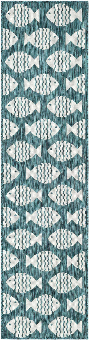 Turquoise 2' x 8' Outdoor Coastal Runner Area Rug Weather Resistant for Patio, Deck, Terrace, Balcony, Porch 100% Polypropylene Coastal Decor Carpet for Sale at Rug Engine