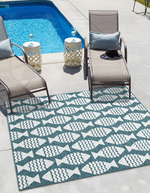 Turquoise 12' x 12' Outdoor Coastal Square Area Rug Weather Resistant for Patio, Deck, Terrace, Balcony, Porch 100% Polypropylene Coastal Decor Carpet for Sale at Rug Engine