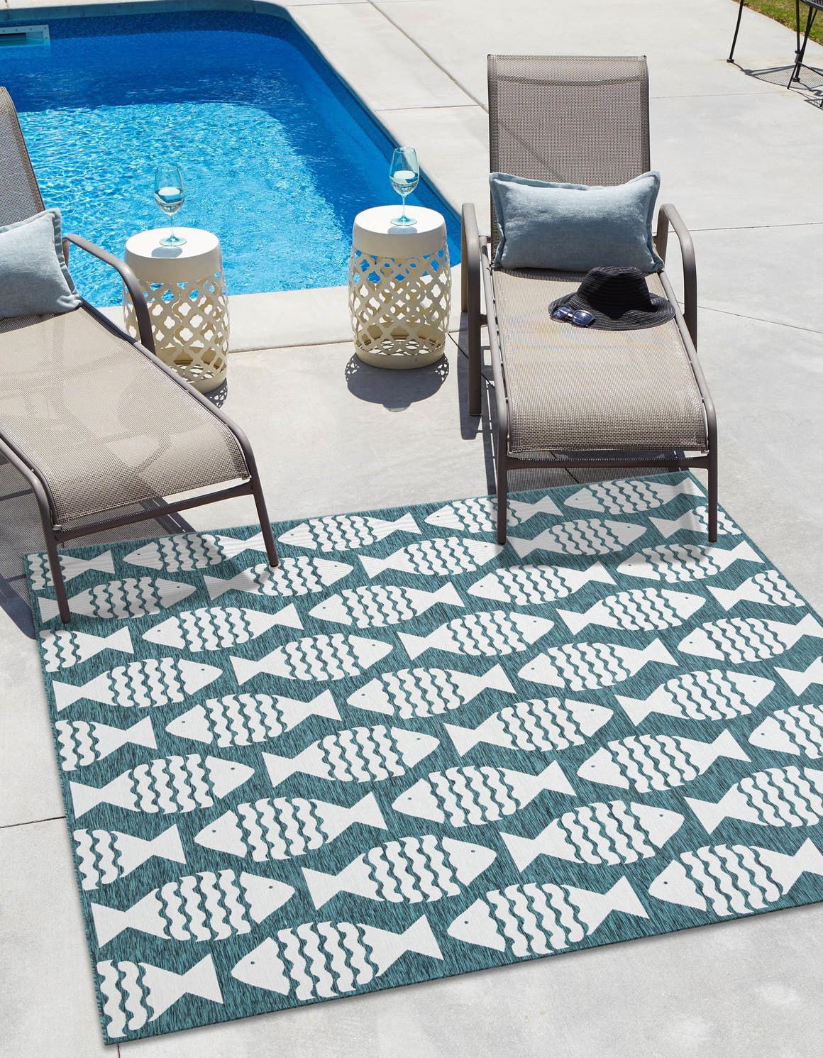 Turquoise 7' 10 x 7' 10 Outdoor Coastal Square Area Rug Weather Resistant for Patio, Deck, Terrace, Balcony, Porch 100% Polypropylene Coastal Decor Carpet for Sale at Rug Engine