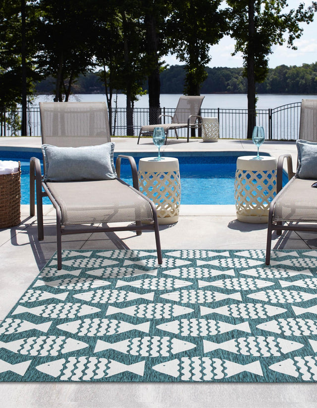 Turquoise 7' 10 x 7' 10 Outdoor Coastal Square Area Rug Weather Resistant for Patio, Deck, Terrace, Balcony, Porch 100% Polypropylene Coastal Decor Carpet for Sale at Rug Engine