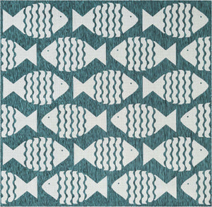 Turquoise 7' 10 x 7' 10 Outdoor Coastal Square Area Rug Weather Resistant for Patio, Deck, Terrace, Balcony, Porch 100% Polypropylene Coastal Decor Carpet for Sale at Rug Engine