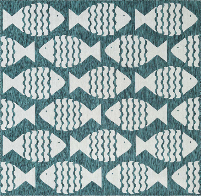 Turquoise 7' 10 x 7' 10 Outdoor Coastal Square Area Rug Weather Resistant for Patio, Deck, Terrace, Balcony, Porch 100% Polypropylene Coastal Decor Carpet for Sale at Rug Engine
