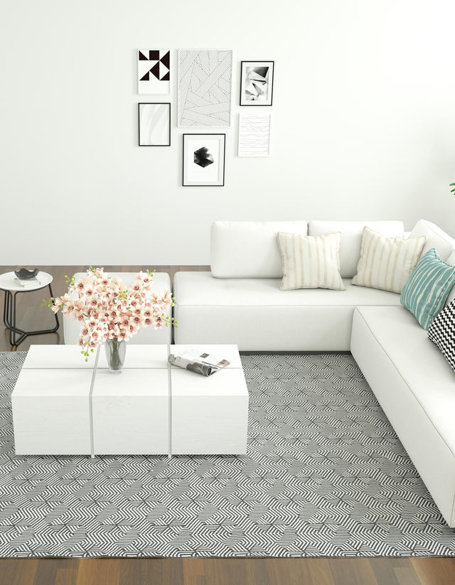 Black and White 7' 1 x 10' Milano Rectangle Area Rug 100% Polyester with Cotton Backing Modern Contemporary Carpet for Home Decor Interior Design for Sale at Rug Engine