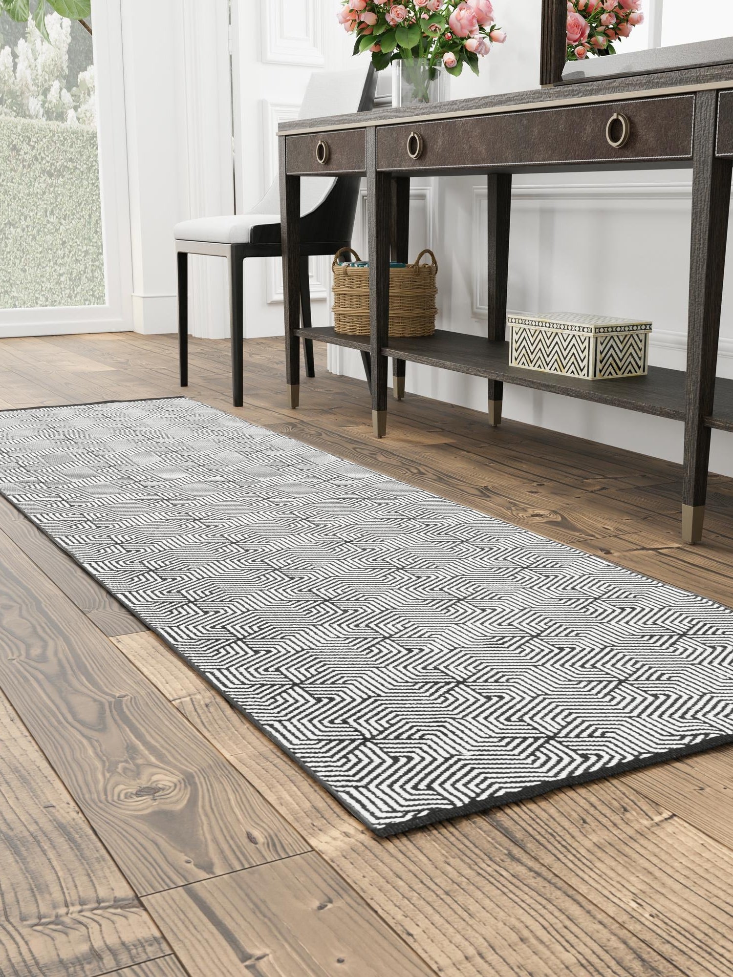 Black and White 2' 7 x 12' Milano Runner Area Rug 100% Polyester with Cotton Backing Modern Contemporary Carpet for Home Decor Interior Design for Sale at Rug Engine