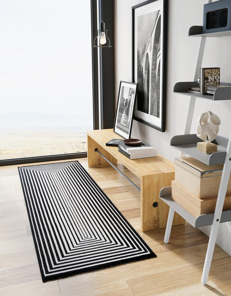 Black and White 2' x 8' Milano Runner Area Rug 100% Polyester with Cotton Backing Modern Contemporary Carpet for Home Decor Interior Design for Sale at Rug Engine