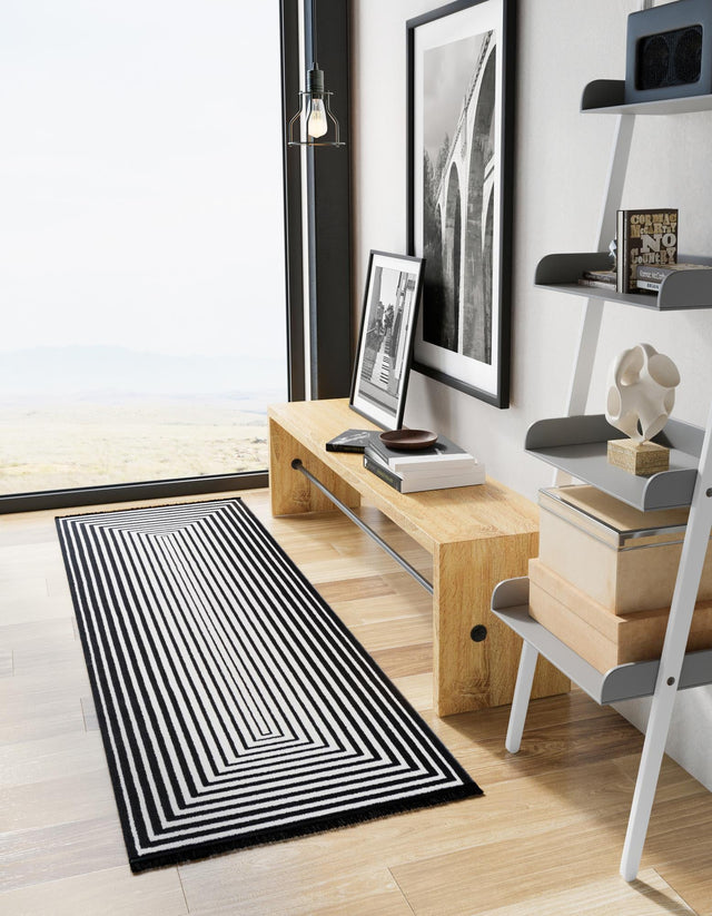 Black and White 2' x 8' Milano Runner Area Rug 100% Polyester with Cotton Backing Modern Contemporary Carpet for Home Decor Interior Design for Sale at Rug Engine