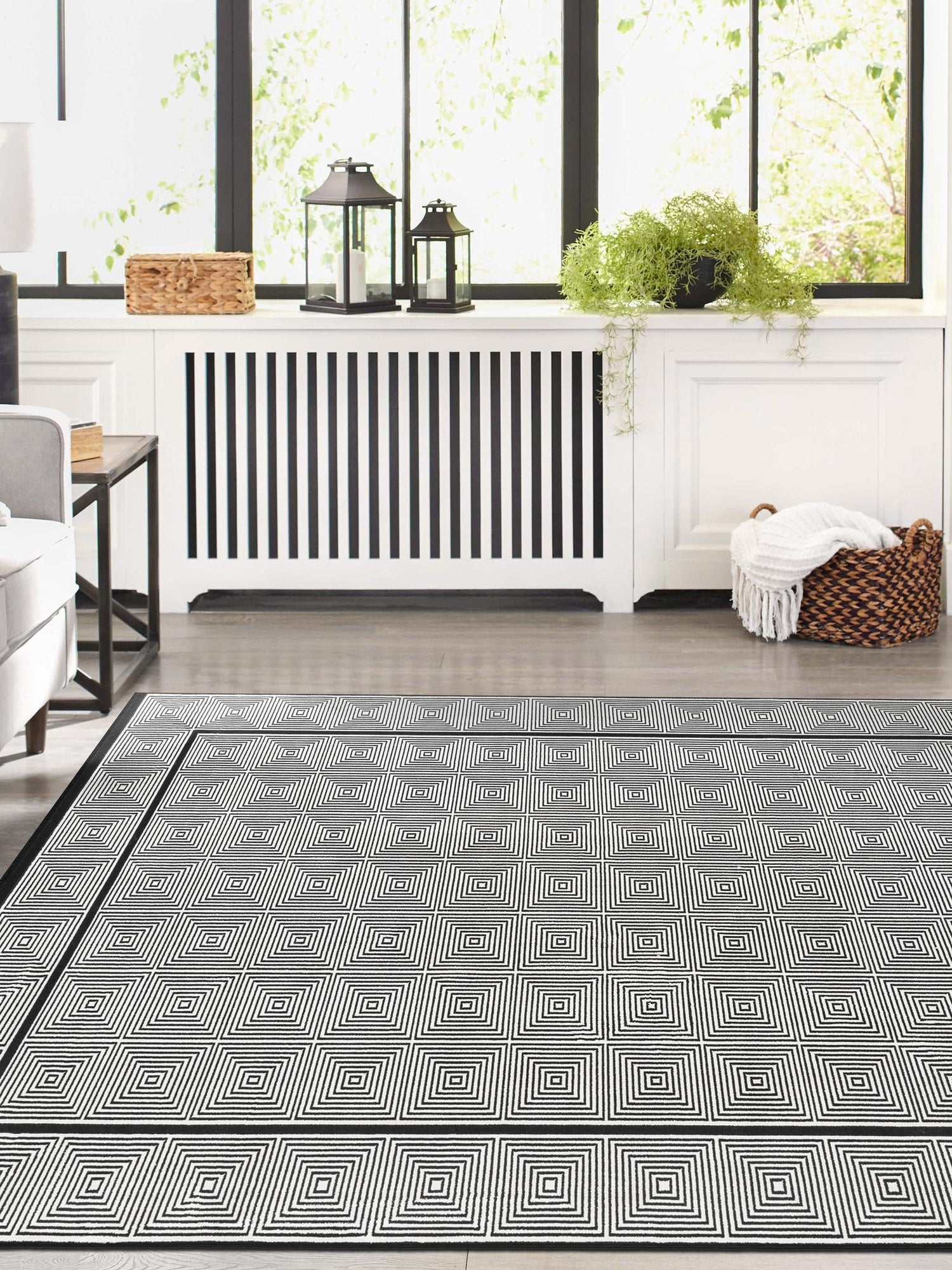 Black and White 7' 10 x 10' Milano Rectangle Area Rug 100% Polyester with Cotton Backing Modern Contemporary Carpet for Home Decor Interior Design for Sale at Rug Engine