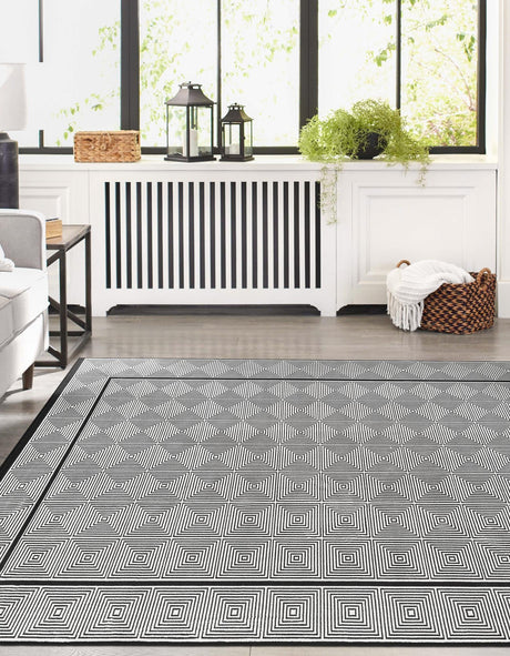 Black and White 7' 10 x 10' Milano Rectangle Area Rug 100% Polyester with Cotton Backing Modern Contemporary Carpet for Home Decor Interior Design for Sale at Rug Engine
