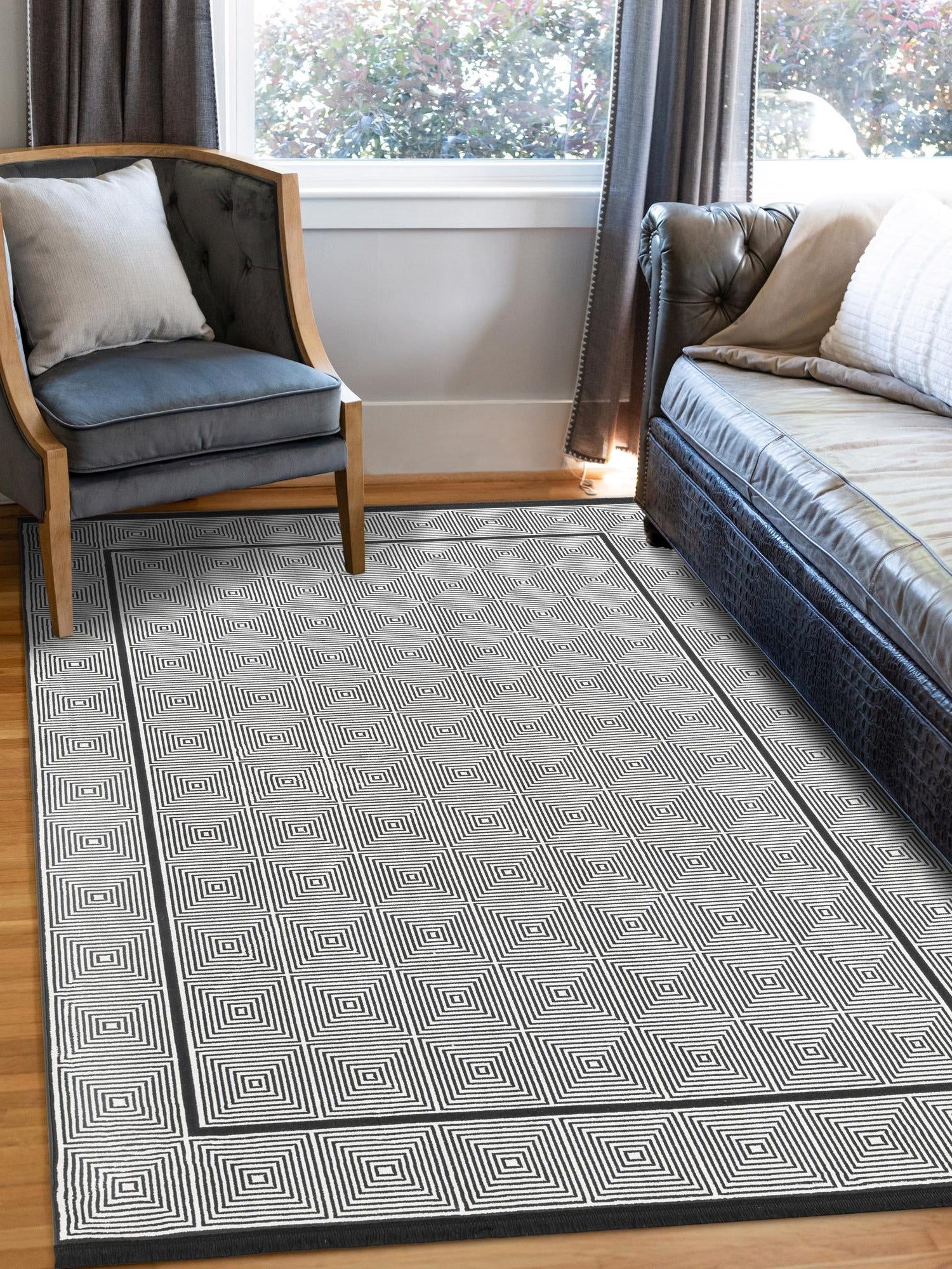 Black and White 5' 3 x 8' Milano Rectangle Area Rug 100% Polyester with Cotton Backing Modern Contemporary Carpet for Home Decor Interior Design for Sale at Rug Engine