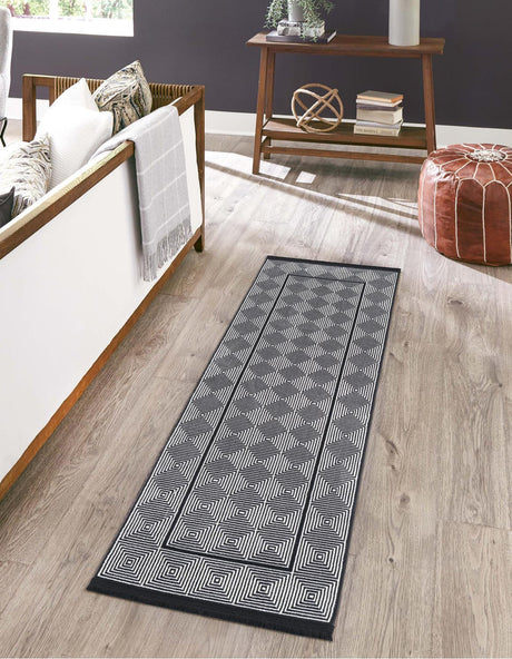 Black and White 2' 7 x 12' Milano Runner Area Rug 100% Polyester with Cotton Backing Modern Contemporary Carpet for Home Decor Interior Design for Sale at Rug Engine