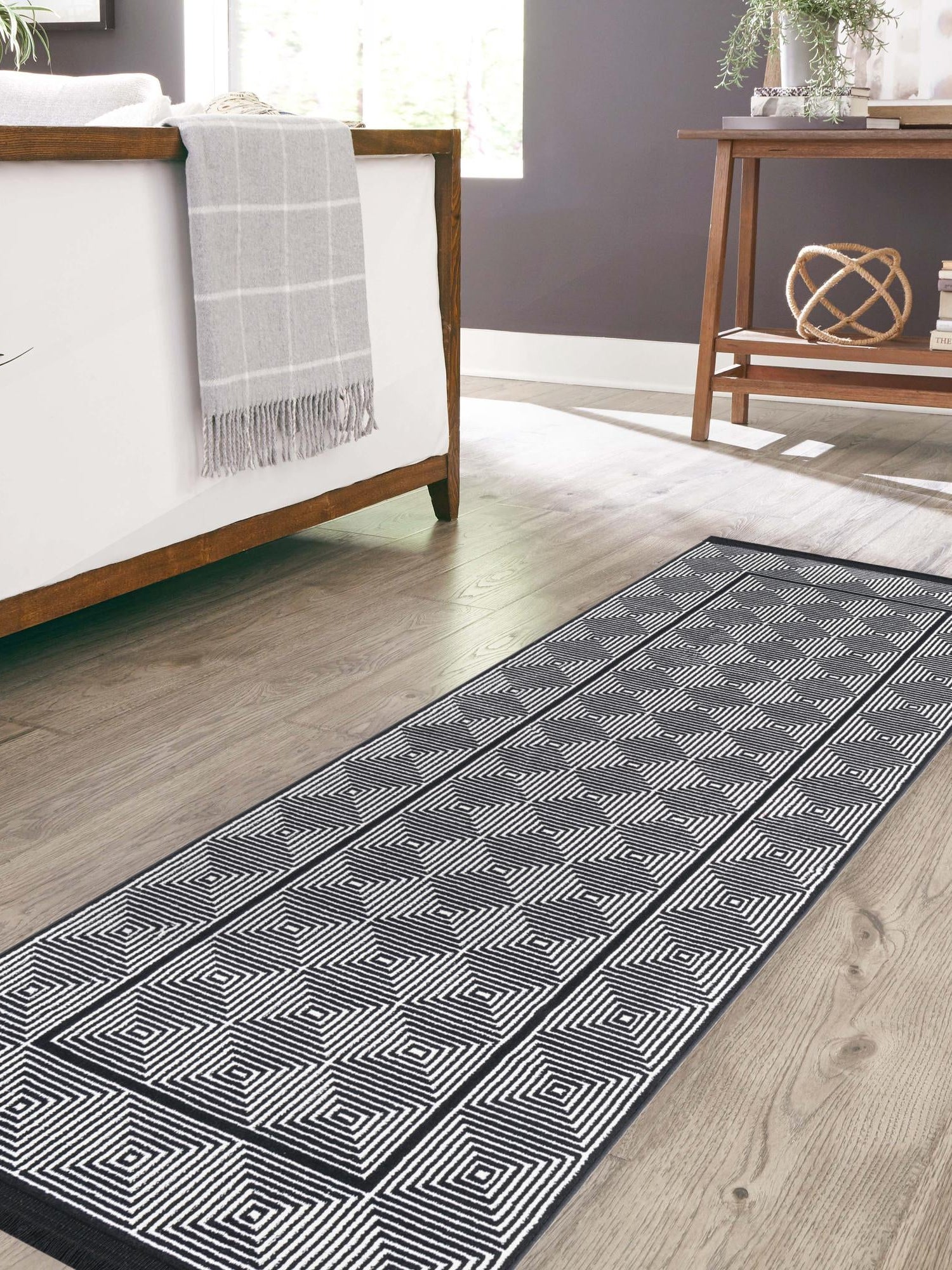 Black and White 2' x 8' Milano Runner Area Rug 100% Polyester with Cotton Backing Modern Contemporary Carpet for Home Decor Interior Design for Sale at Rug Engine