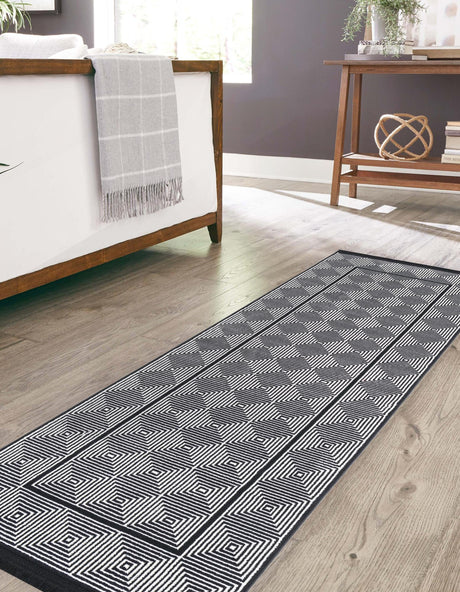 Black and White 2' x 8' Milano Runner Area Rug 100% Polyester with Cotton Backing Modern Contemporary Carpet for Home Decor Interior Design for Sale at Rug Engine