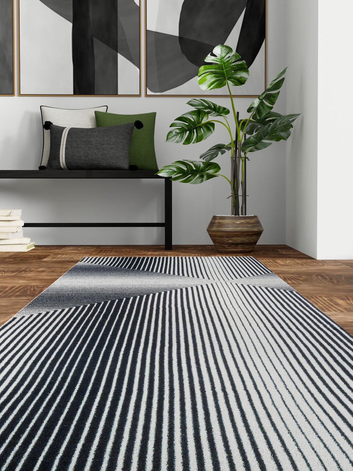 Black and White 2' 7 x 12' Milano Runner Area Rug 100% Polyester with Cotton Backing Modern Contemporary Carpet for Home Decor Interior Design for Sale at Rug Engine