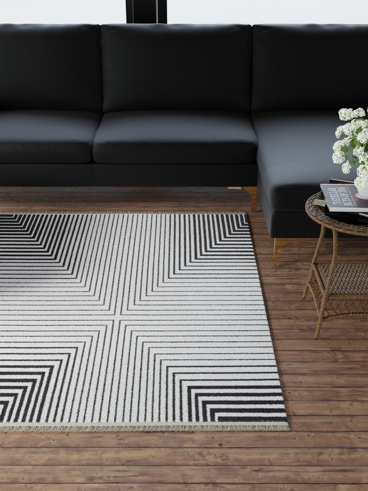 Black and White 7' 10 x 7' 10 Milano Square Area Rug 100% Polyester with Cotton Backing Modern Contemporary Carpet for Home Decor Interior Design for Sale at Rug Engine