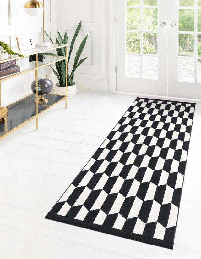 Black and White 2' x 8' Milano Runner Area Rug 100% Polyester with Cotton Backing Modern Contemporary Carpet for Home Decor Interior Design for Sale at Rug Engine