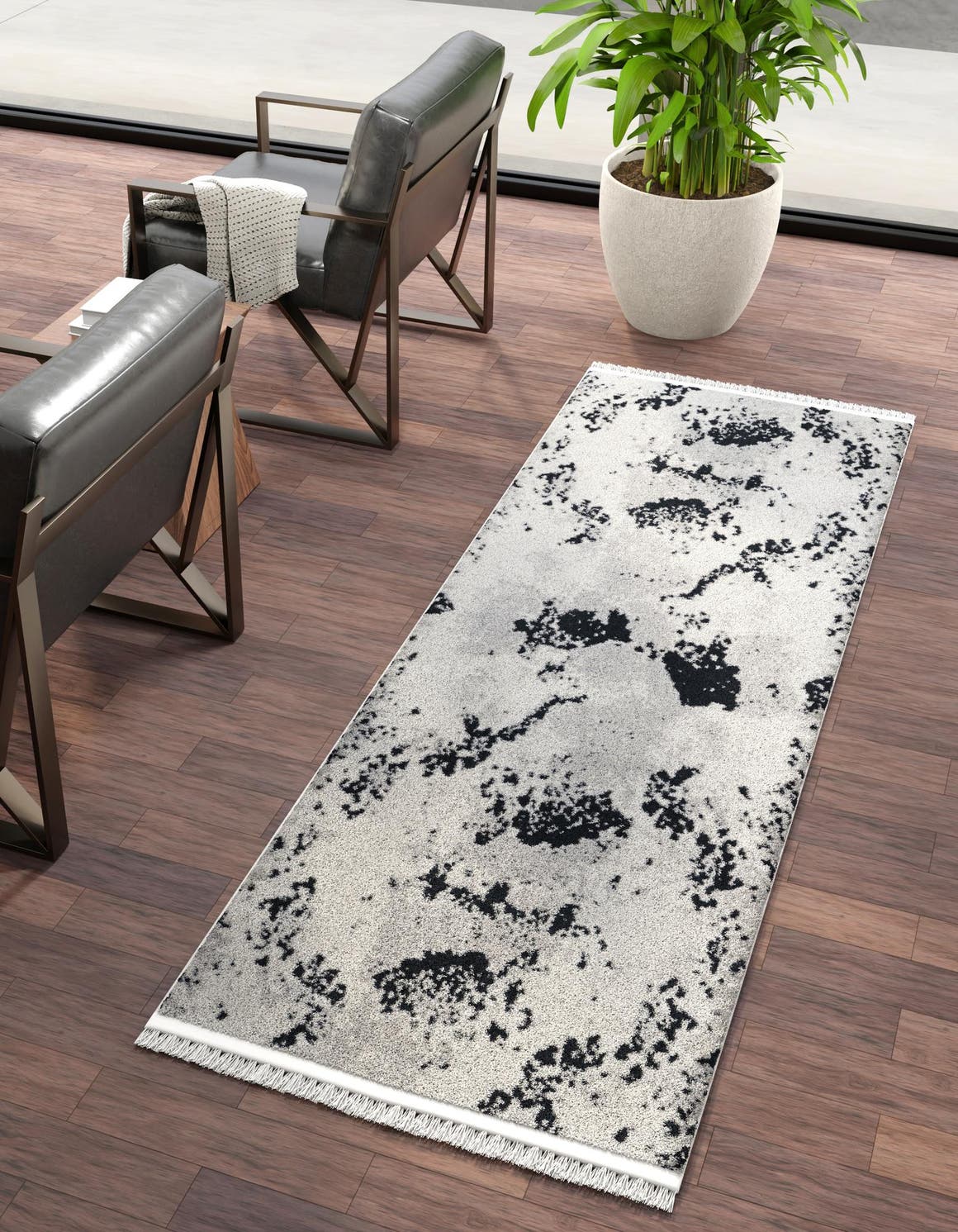 Black and White 2' 7 x 12' Milano Runner Area Rug 100% Polyester with Cotton Backing Modern Contemporary Carpet for Home Decor Interior Design for Sale at Rug Engine